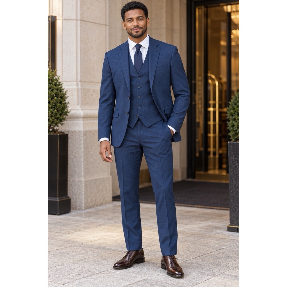 Caravelli Mens 3 Piece Suit 38R 32W Navy Glen Plaid Slim Fit Vest Pants NWT